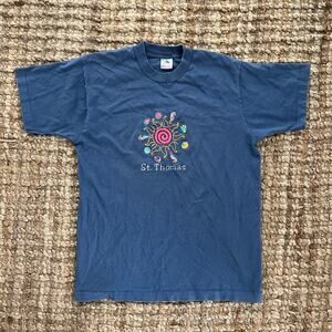 Vintage 90s St Thomas Embroidered T Shirt USA Single Stitch Blue M